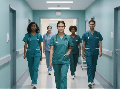 Diverse Medical Team Walking Down Hospital Corridor