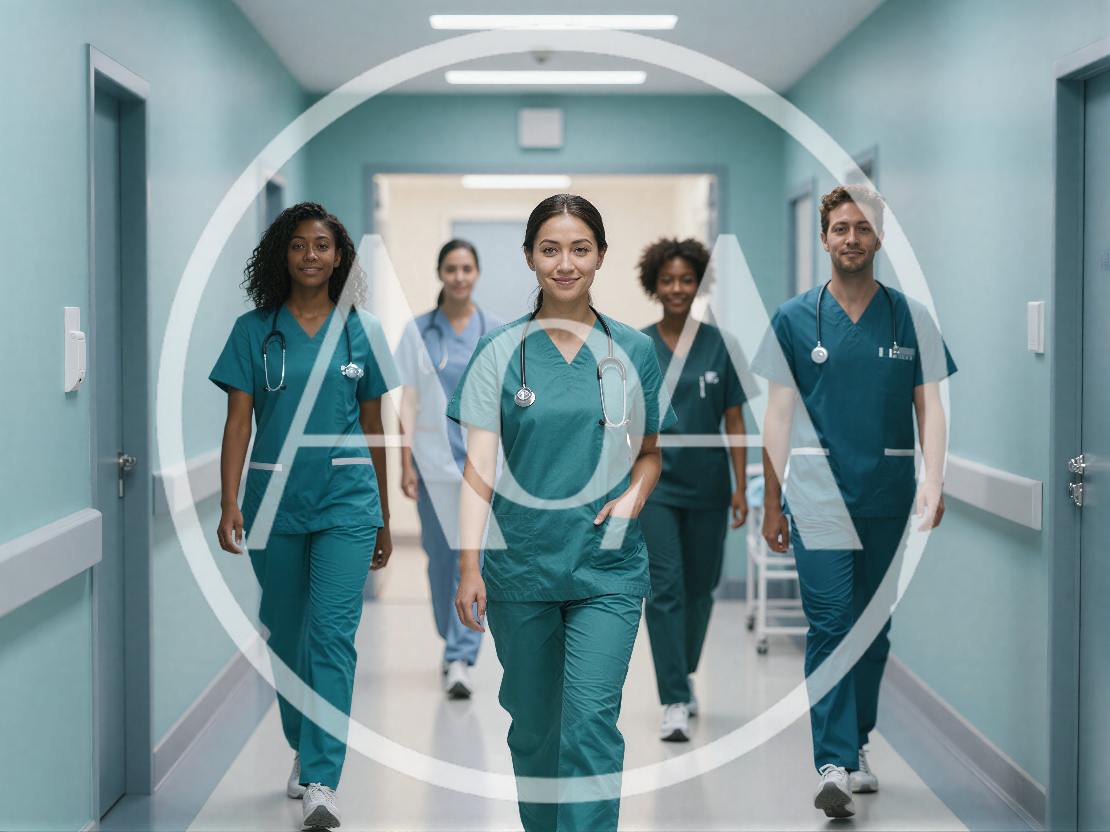 Diverse Medical Team Walking Down Hospital Corridor