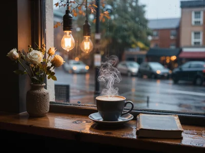 Steaming Coffee Cup and Book by Rainy Window