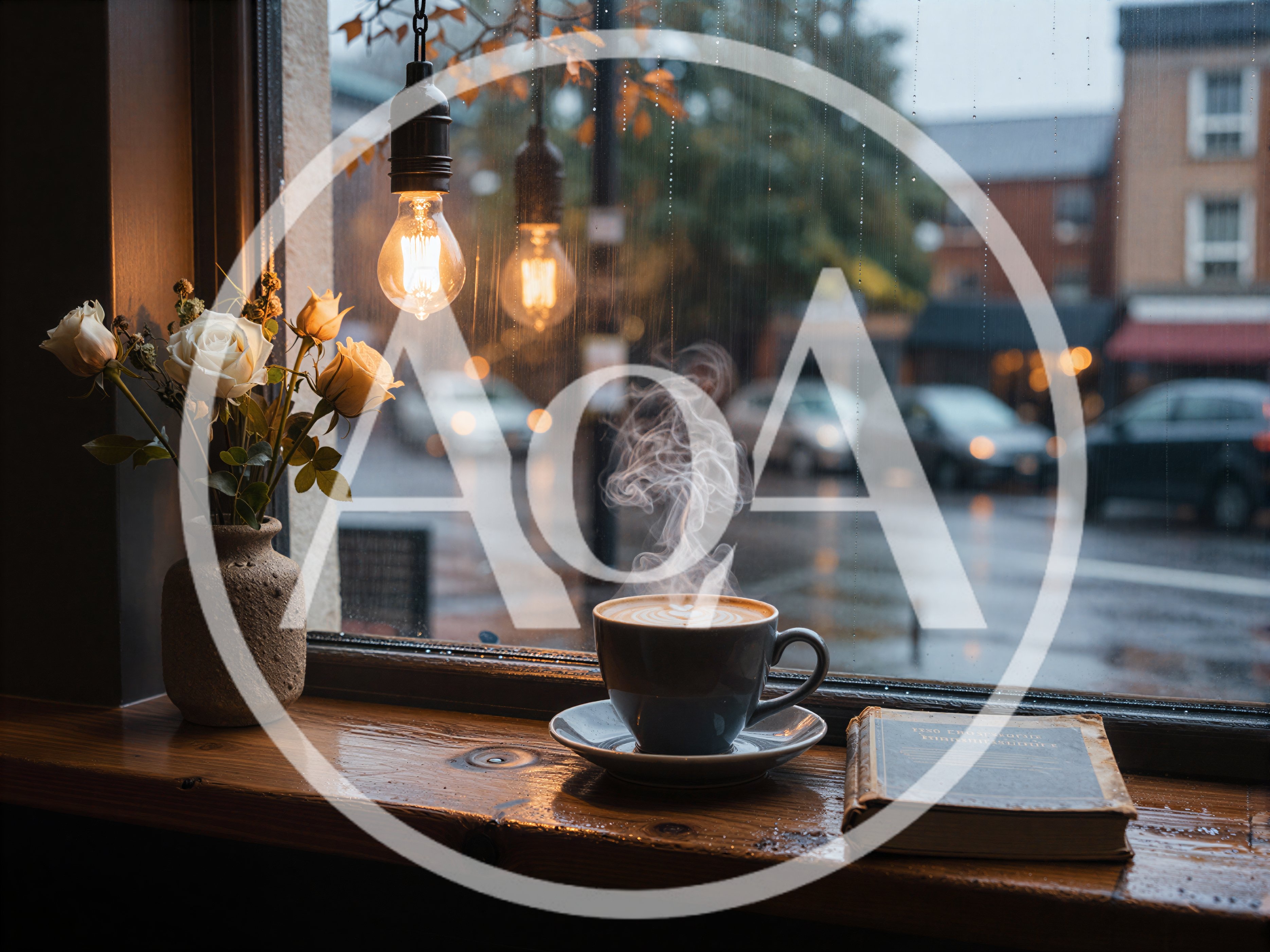 Steaming Coffee Cup and Book by Rainy Window