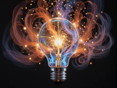 Glowing Light Bulb With Abstract Energy Swirls