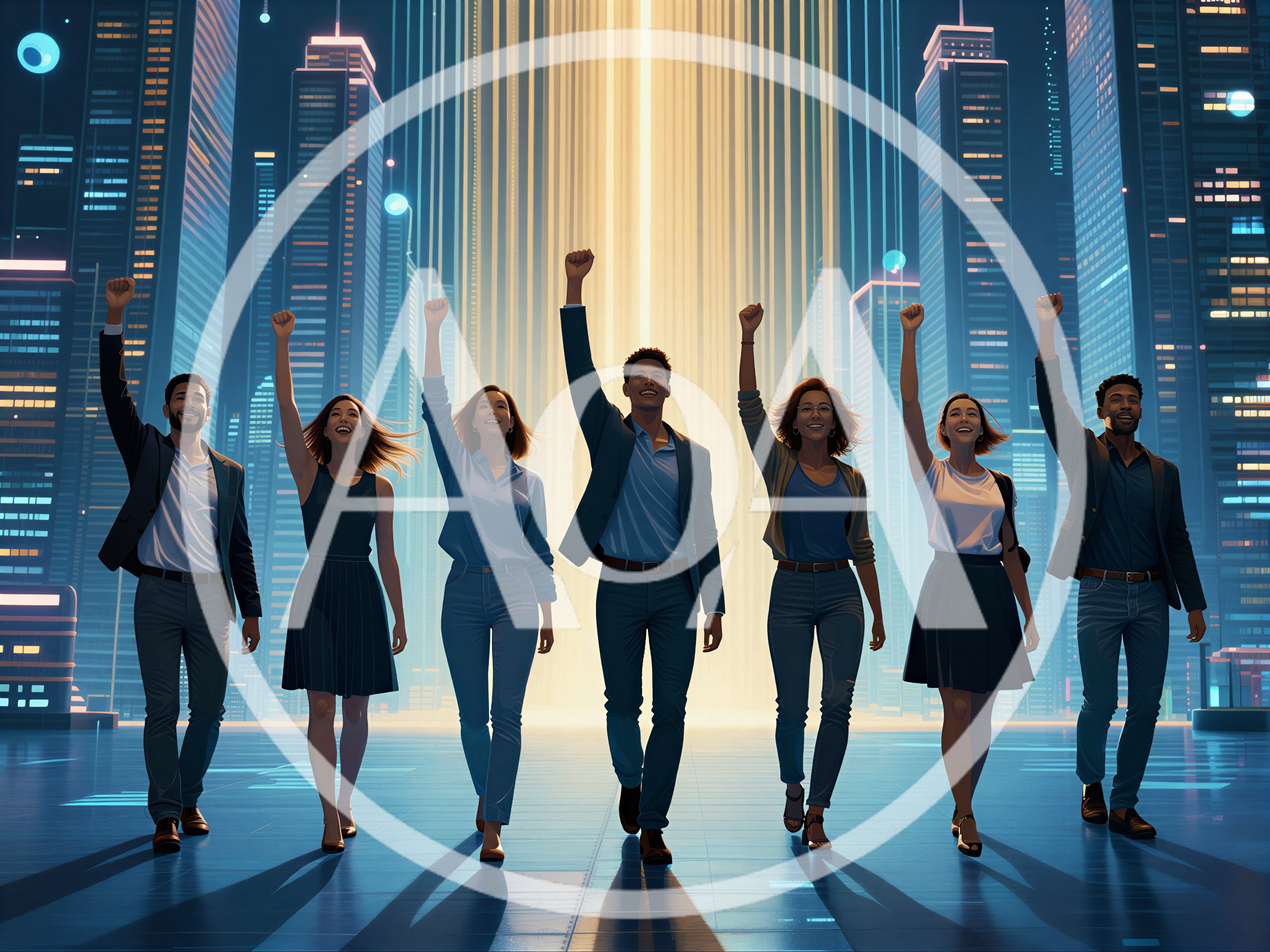 Diverse Professionals Walking Together With Fists Raised