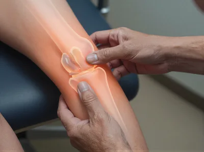 Doctor Examining Patient Knee With Digital Anatomy Overlay