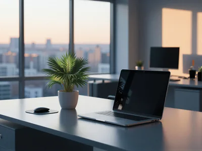 Modern Office Desk With Laptop And Potted Plant