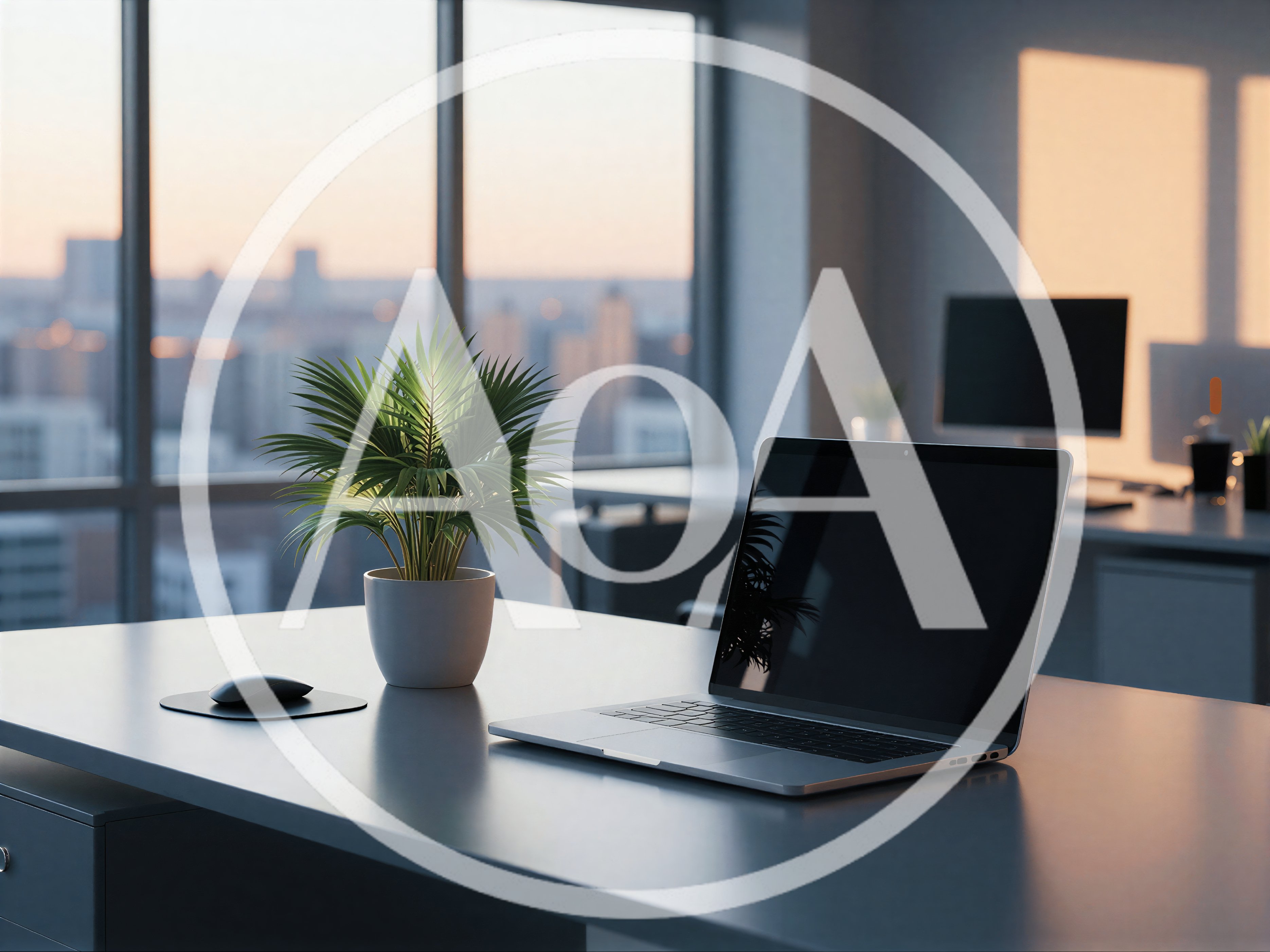 Modern Office Desk With Laptop And Potted Plant