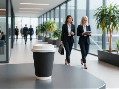 Coffee Cup On Table In Modern Corporate Office Hallway
