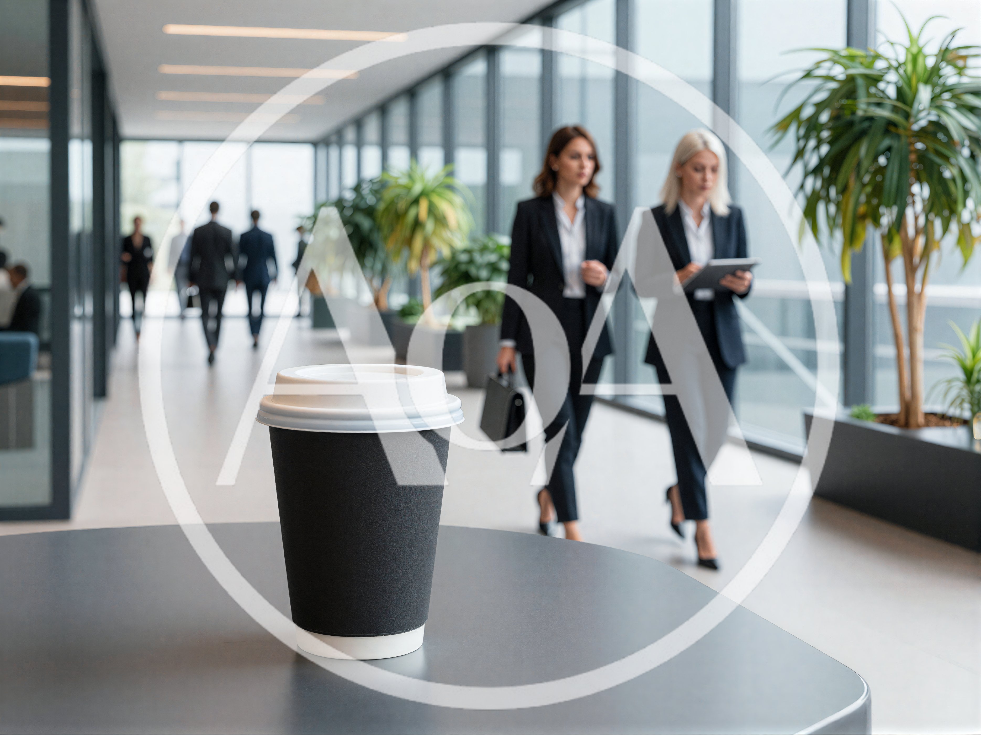 Coffee Cup On Table In Modern Corporate Office Hallway