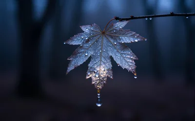 Single Maple Leaf With Raindrops Hanging From Branch