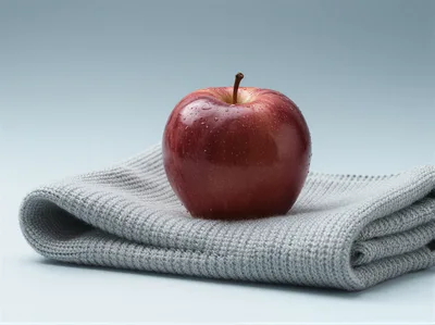 Fresh Red Apple Resting On A Grey Knitted Fabric