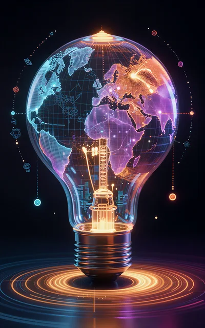 Digital Earth Globe Inside A Glowing Light Bulb