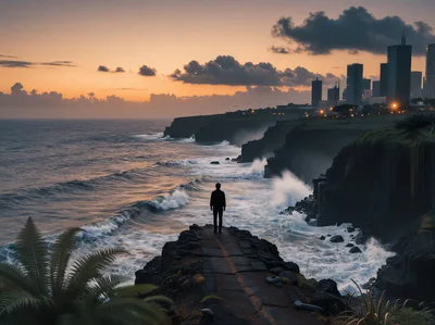 Man Standing On A Cliff Overlooking The Ocean At Sunset