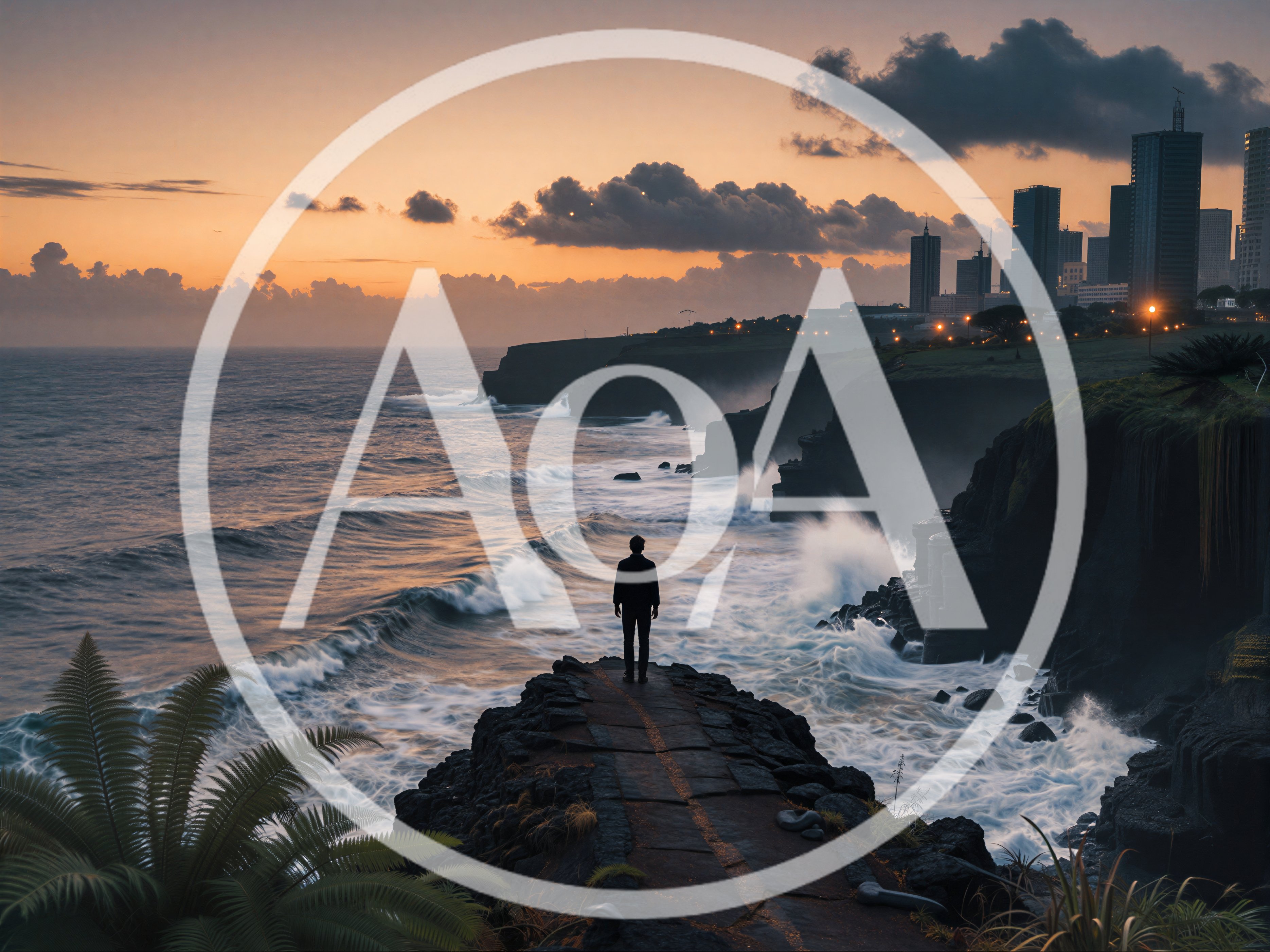 Man Standing On A Cliff Overlooking The Ocean At Sunset