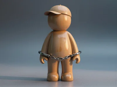 Wooden Figurine Wearing A Cap In Handcuffs