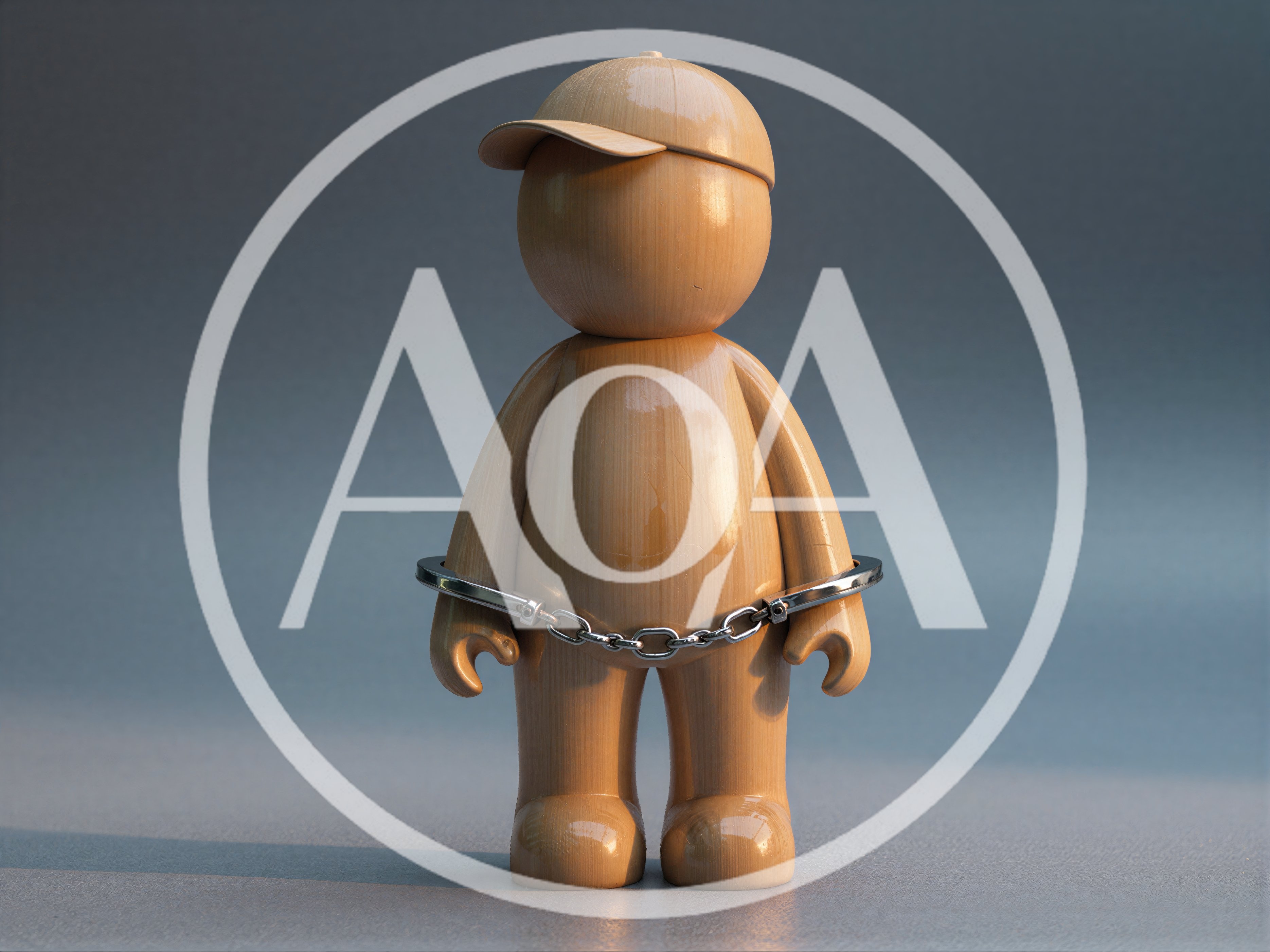 Wooden Figurine Wearing A Cap In Handcuffs