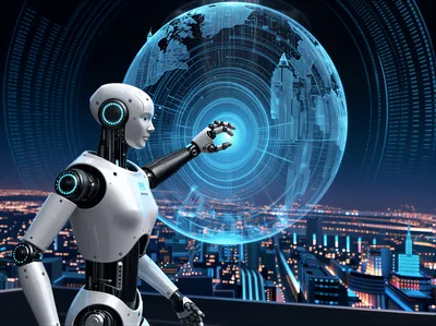 Futuristic Robot Interacting With Digital Holographic Globe