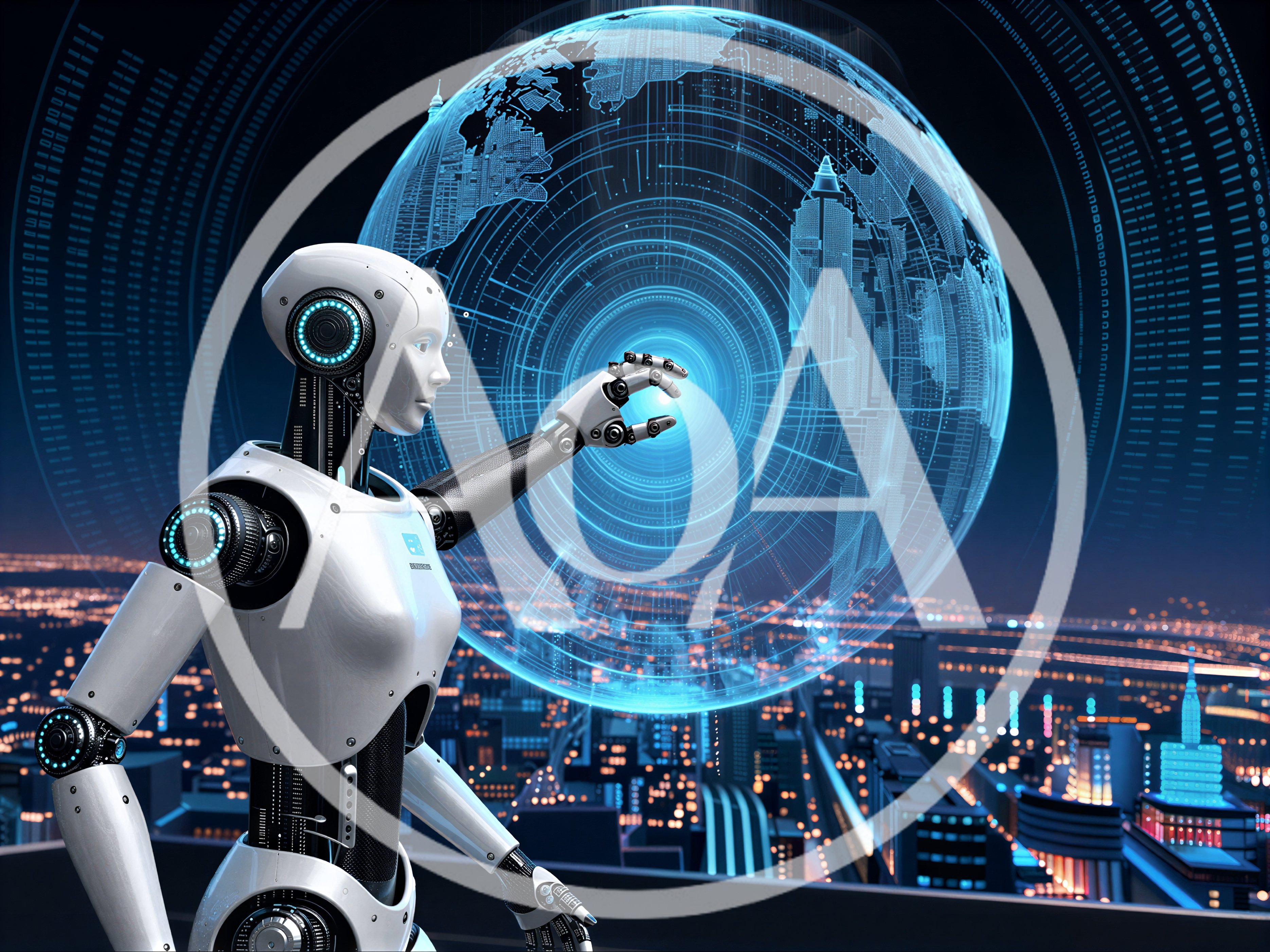 Futuristic Robot Interacting With Digital Holographic Globe