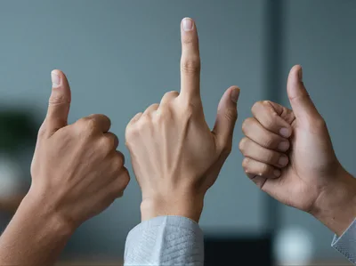 Three Hands Showing Thumbs Up And Pointing Gestures