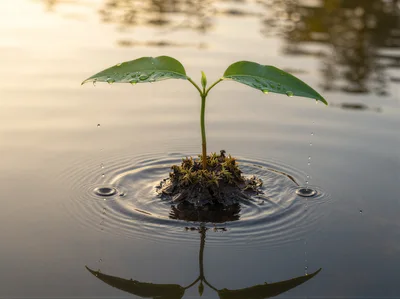 Small Green Sprout Growing From A Floating Soil Island