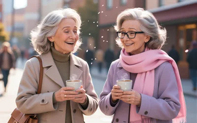 Two Senior Women Enjoying Hot Coffee Outdoors
