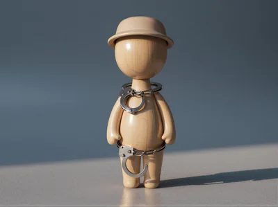 Wooden Mannequin Figure Wearing Handcuffs On Gray Background