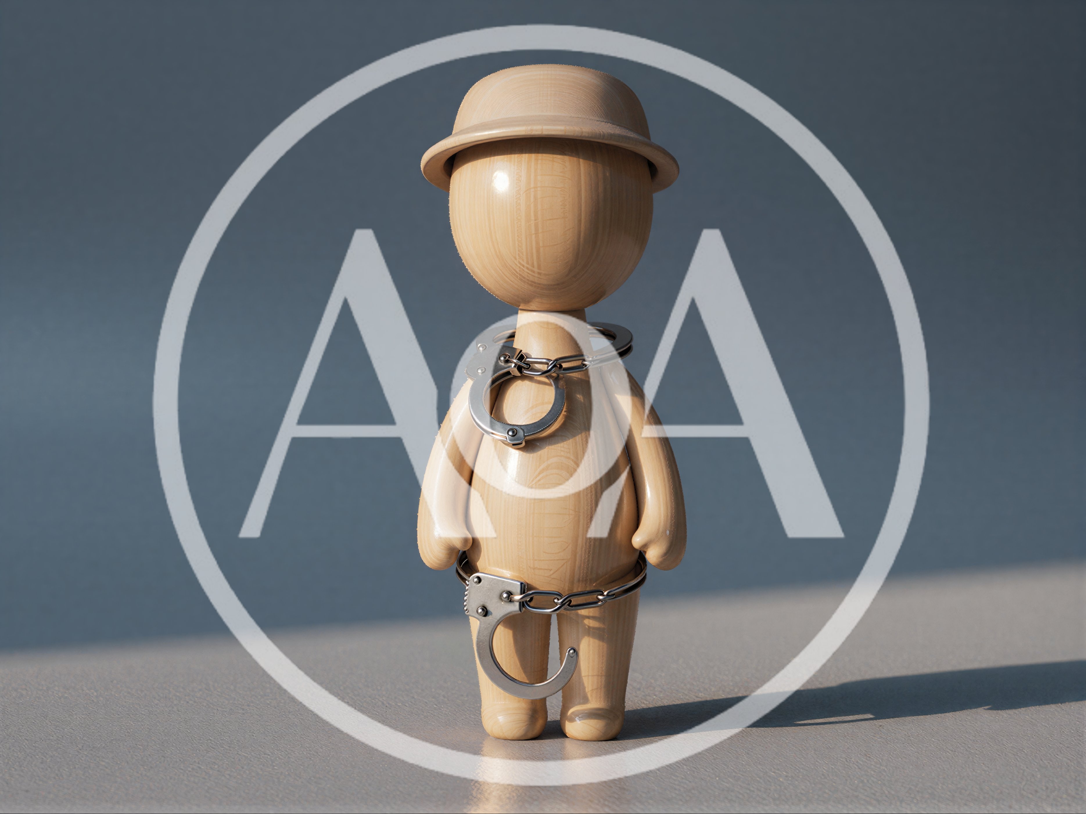 Wooden Mannequin Figure Wearing Handcuffs On Gray Background