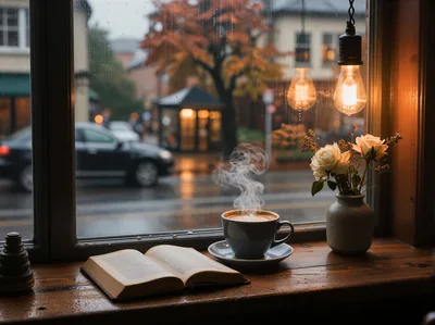 Cozy Coffee Shop Window With Book And Latte