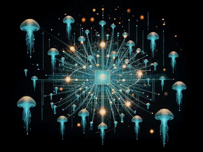 Digital Jellyfish Network Connected To Central Processor