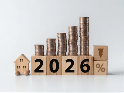 Wooden House Model With Coins And 2026 Interest Rate