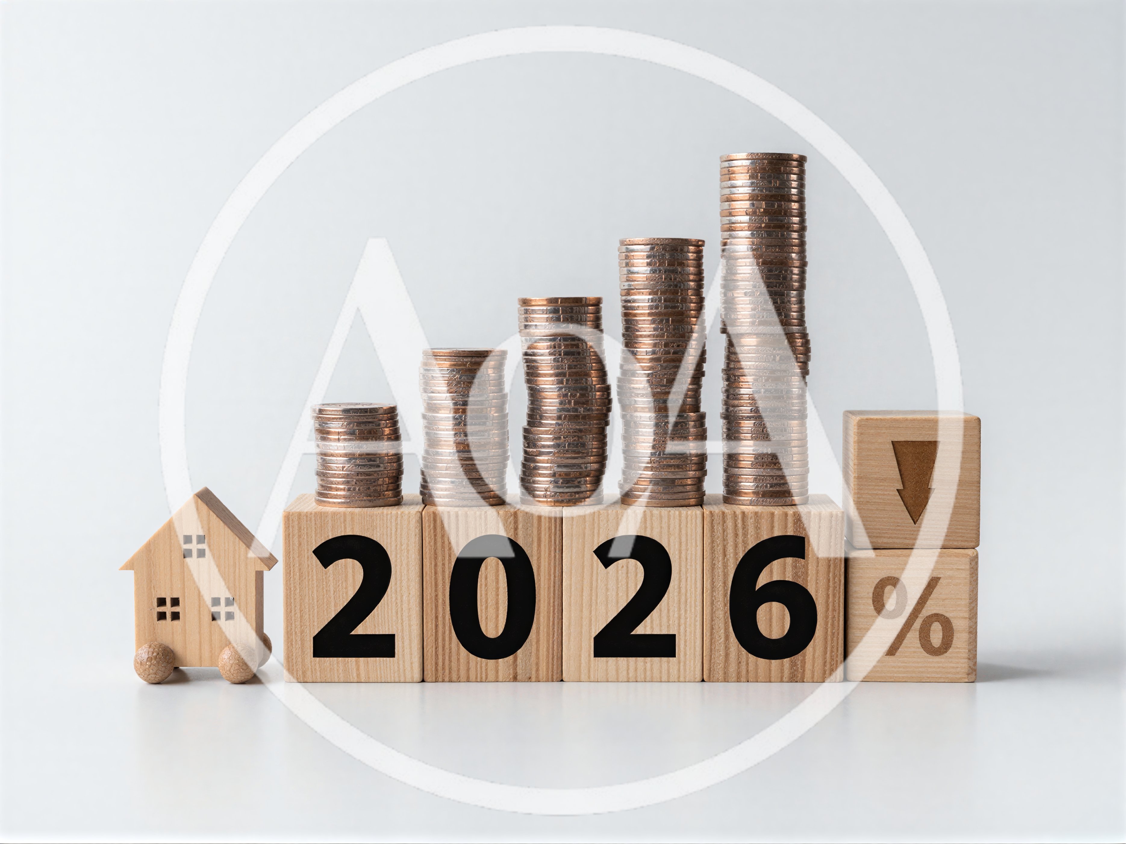 Wooden House Model With Coins And 2026 Interest Rate