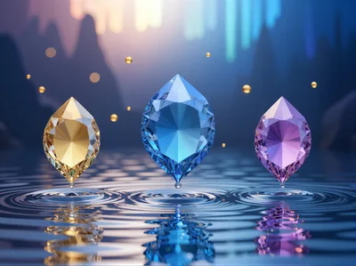 Three Floating Gemstones Above Rippling Water Surface