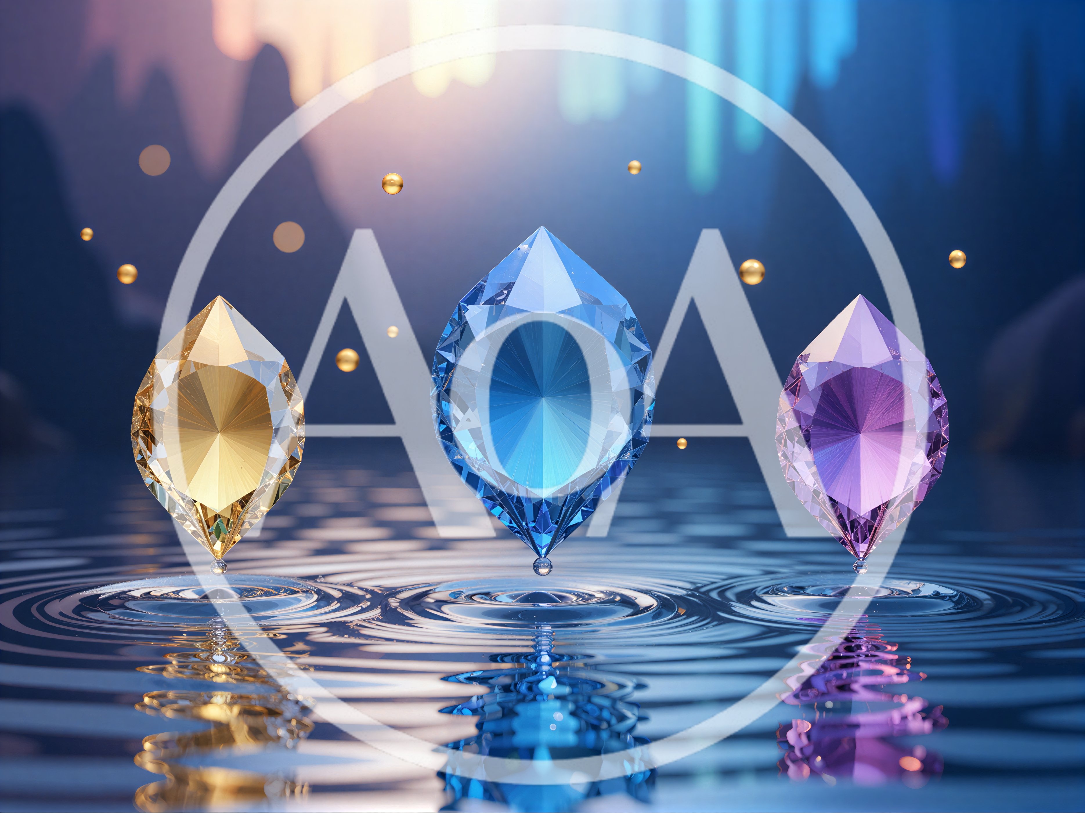 Three Floating Gemstones Above Rippling Water Surface