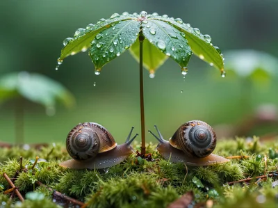 Two Snails Sheltering Under A Raindrop Covered Leaf