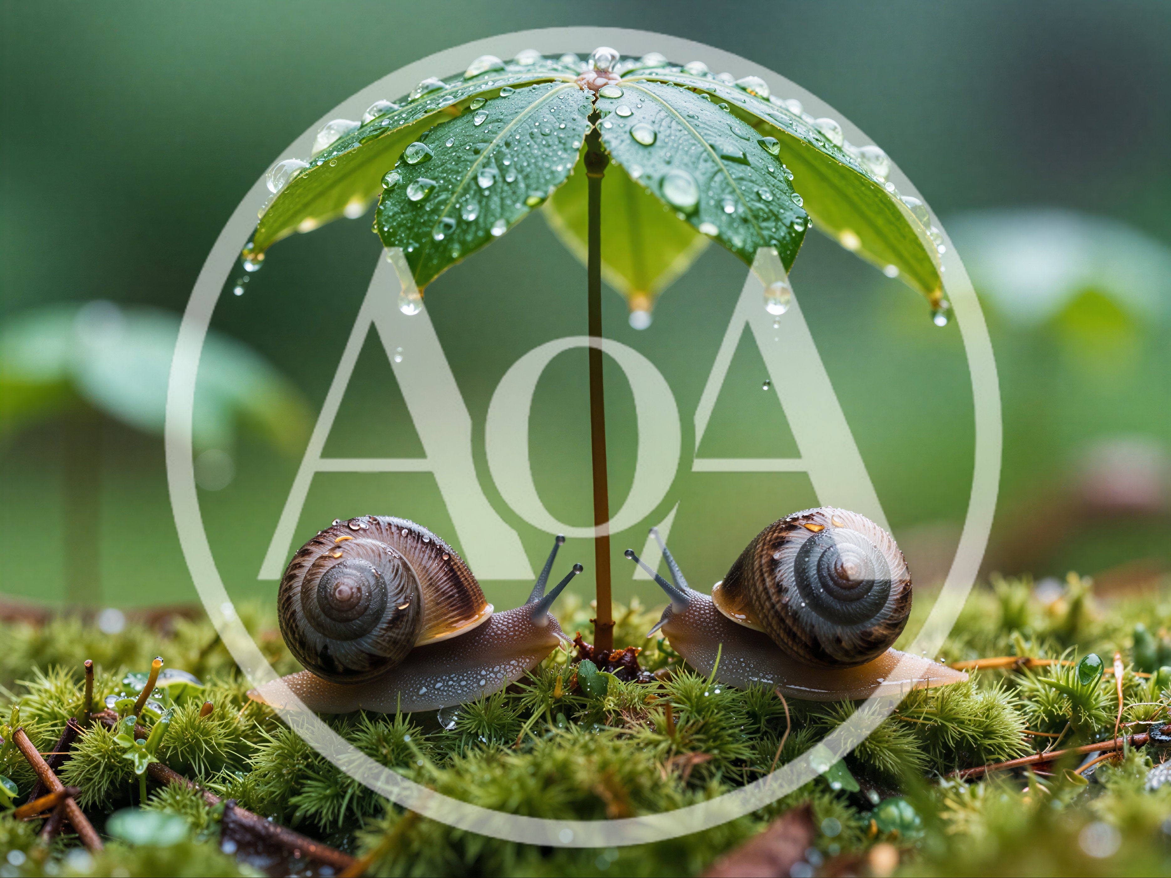 Two Snails Sheltering Under A Raindrop Covered Leaf