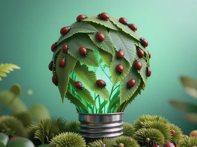 Ladybugs Crawling on Leafy Light Bulb Sculpture