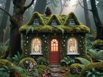 Whimsical Moss Covered Fairy Tale Cottage In Enchanted Forest