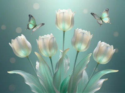 Ethereal White Tulips With Butterflies On Teal Background