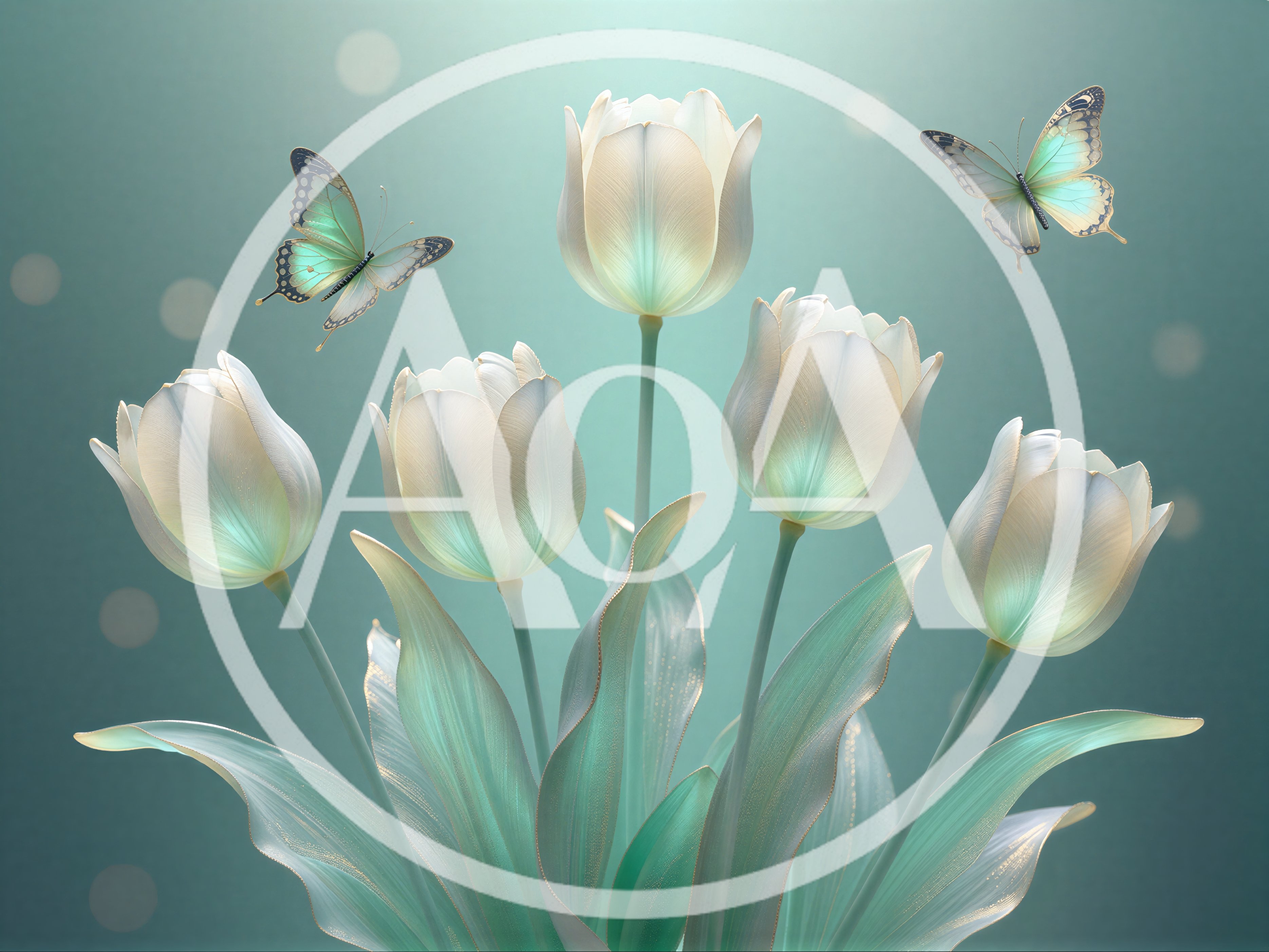 Ethereal White Tulips With Butterflies On Teal Background