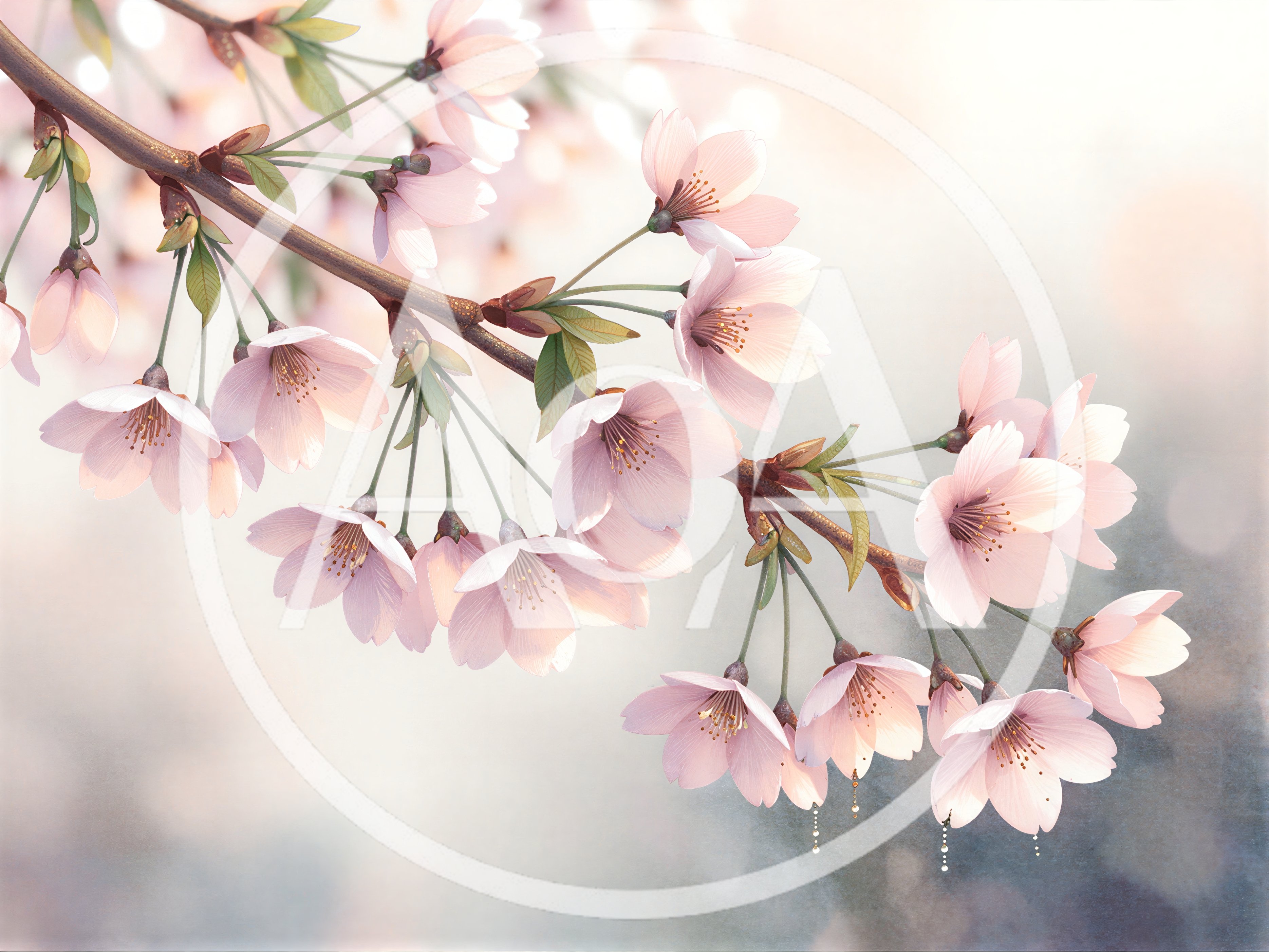Delicate Pink Cherry Blossom Branch In Spring