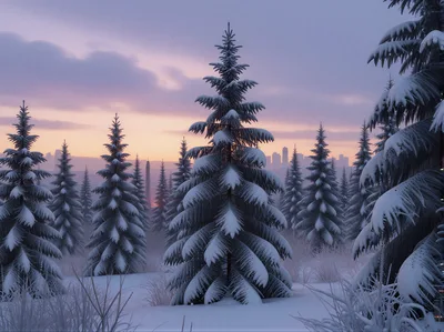 Snow Covered Pine Forest With Distant City Skyline