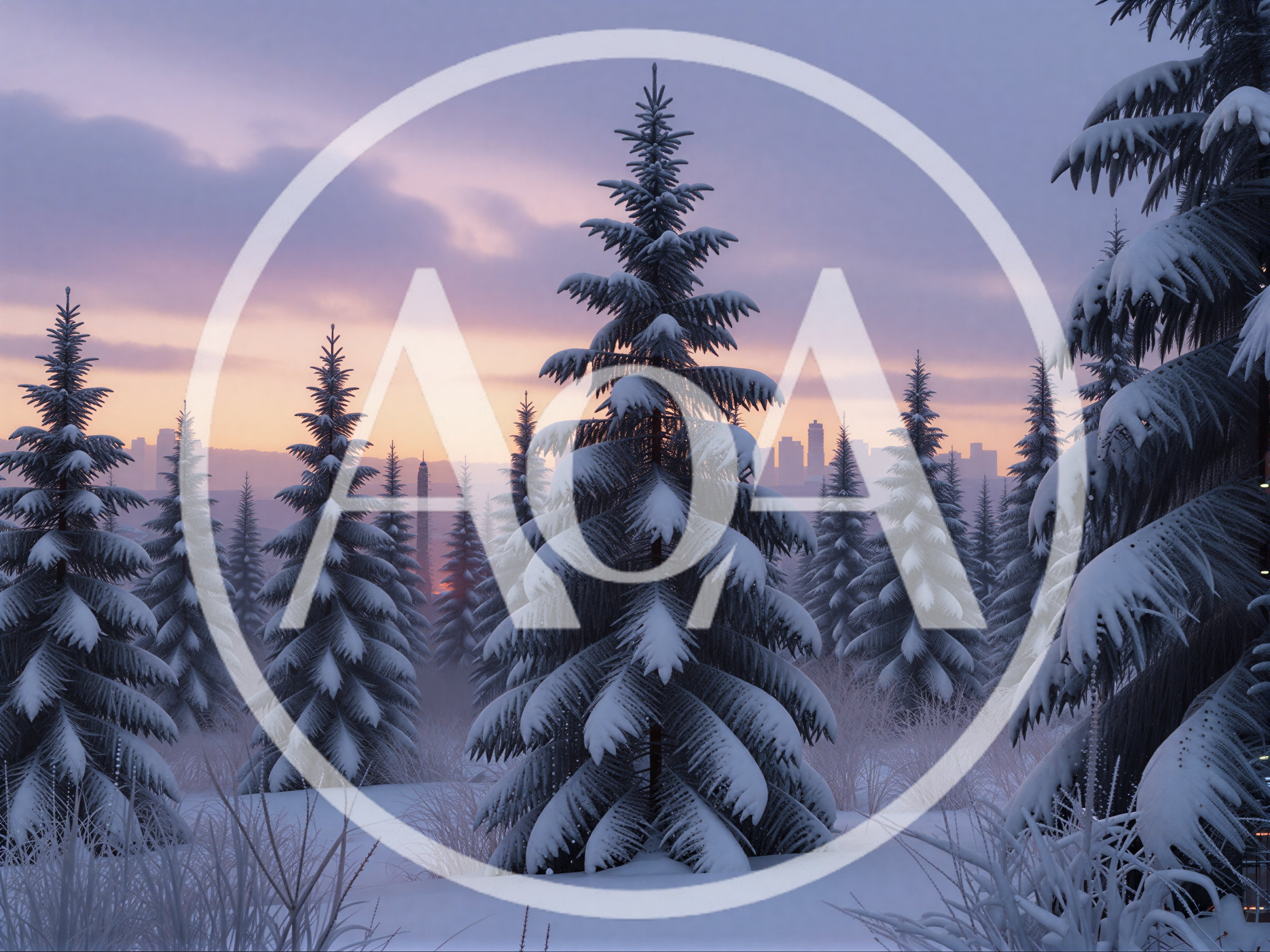 Snow Covered Pine Forest With Distant City Skyline