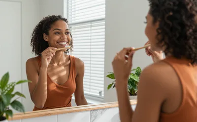 Young Woman Brushing Teeth In Front Of Bathroom Mirror