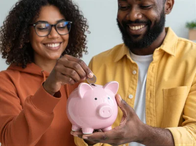Happy Couple Saving Money In A Piggy Bank
