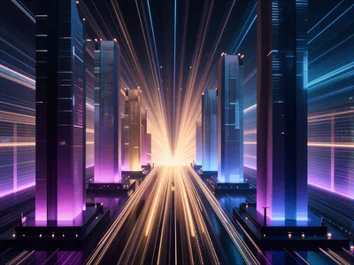 Futuristic Cityscape With Glowing Light Trails And Skyscrapers