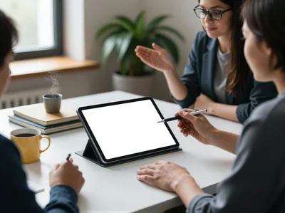 Business Team Collaborating On Tablet In Office Meeting