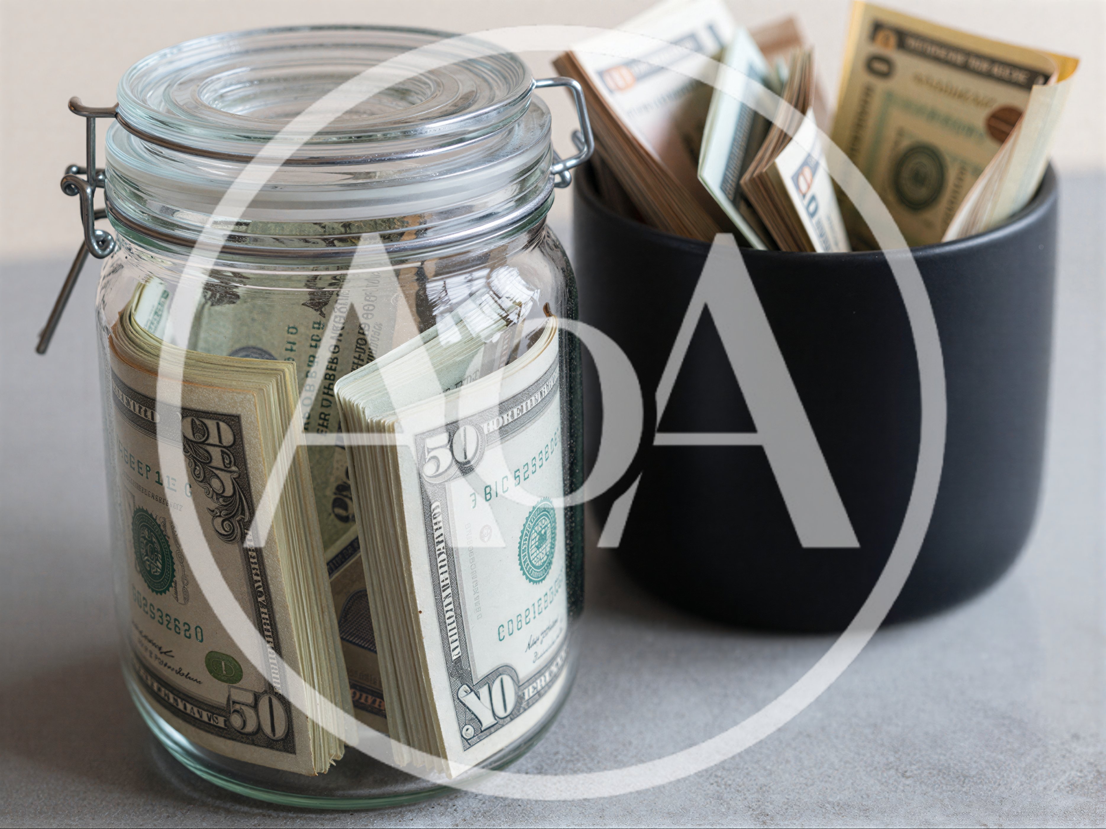 Stacks Of Fifty Dollar Bills In Glass And Ceramic Jars