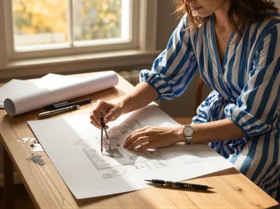 Architect Working On Blueprints With Drafting Compass