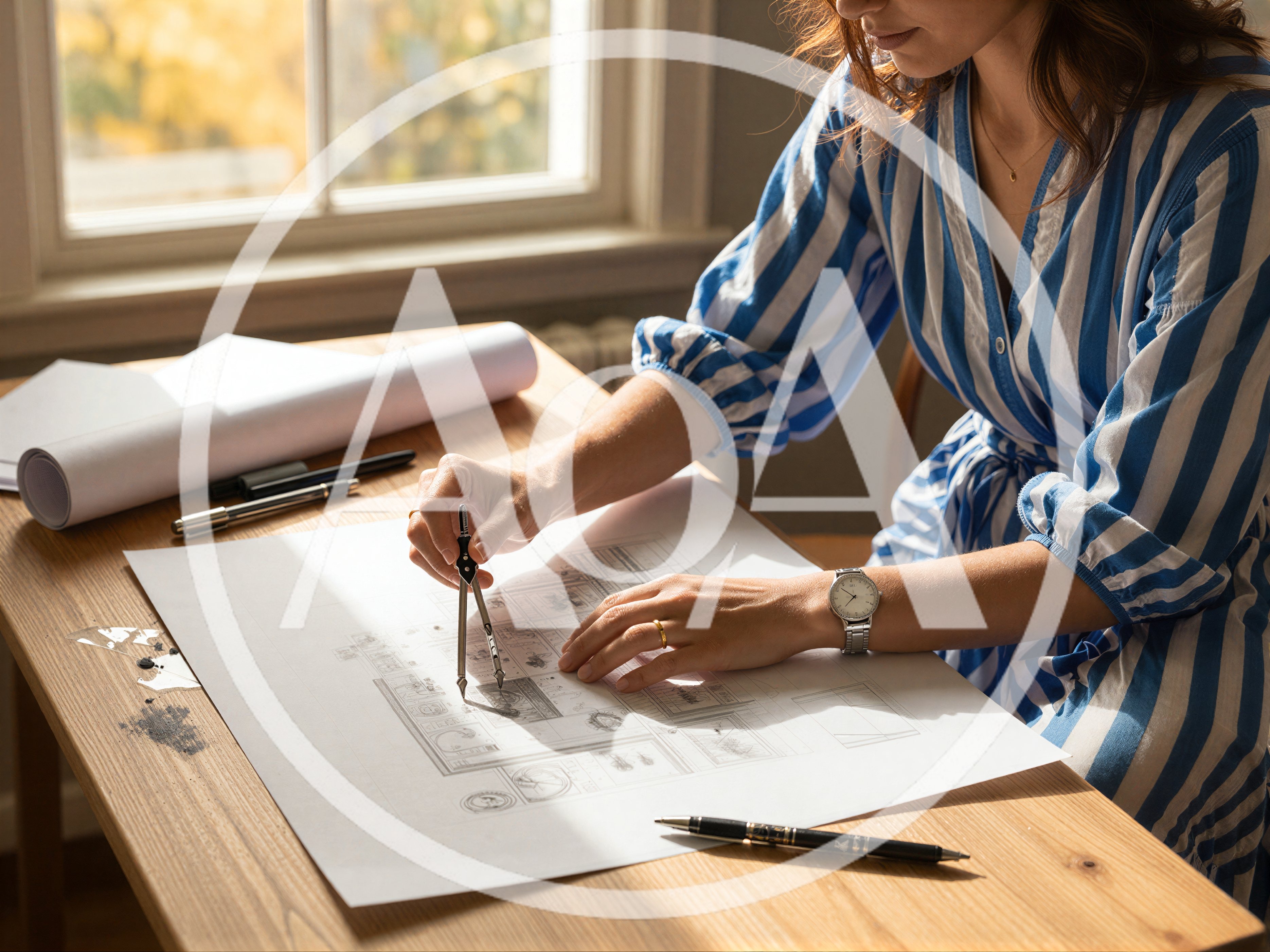 Architect Working On Blueprints With Drafting Compass
