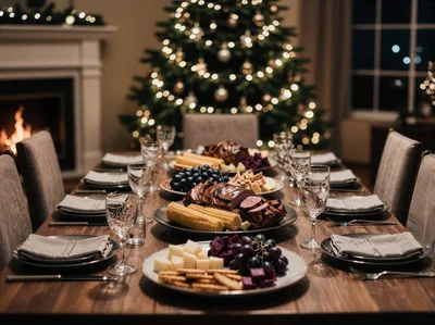 Festive Christmas Dinner Table Setting With Roasted Meat