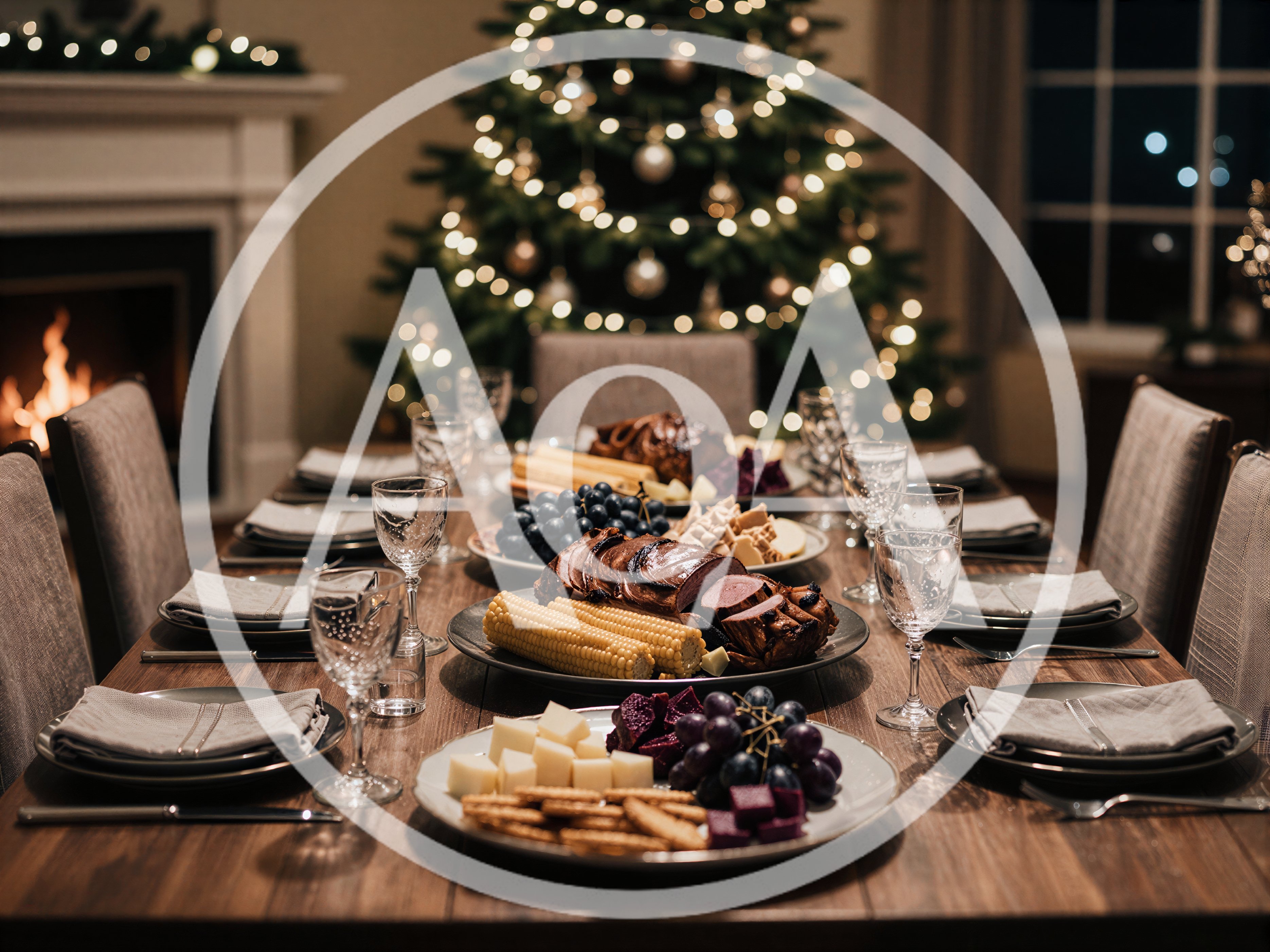 Festive Christmas Dinner Table Setting With Roasted Meat