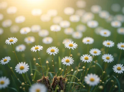 Field Of Blooming White Daisy Flowers At Sunset